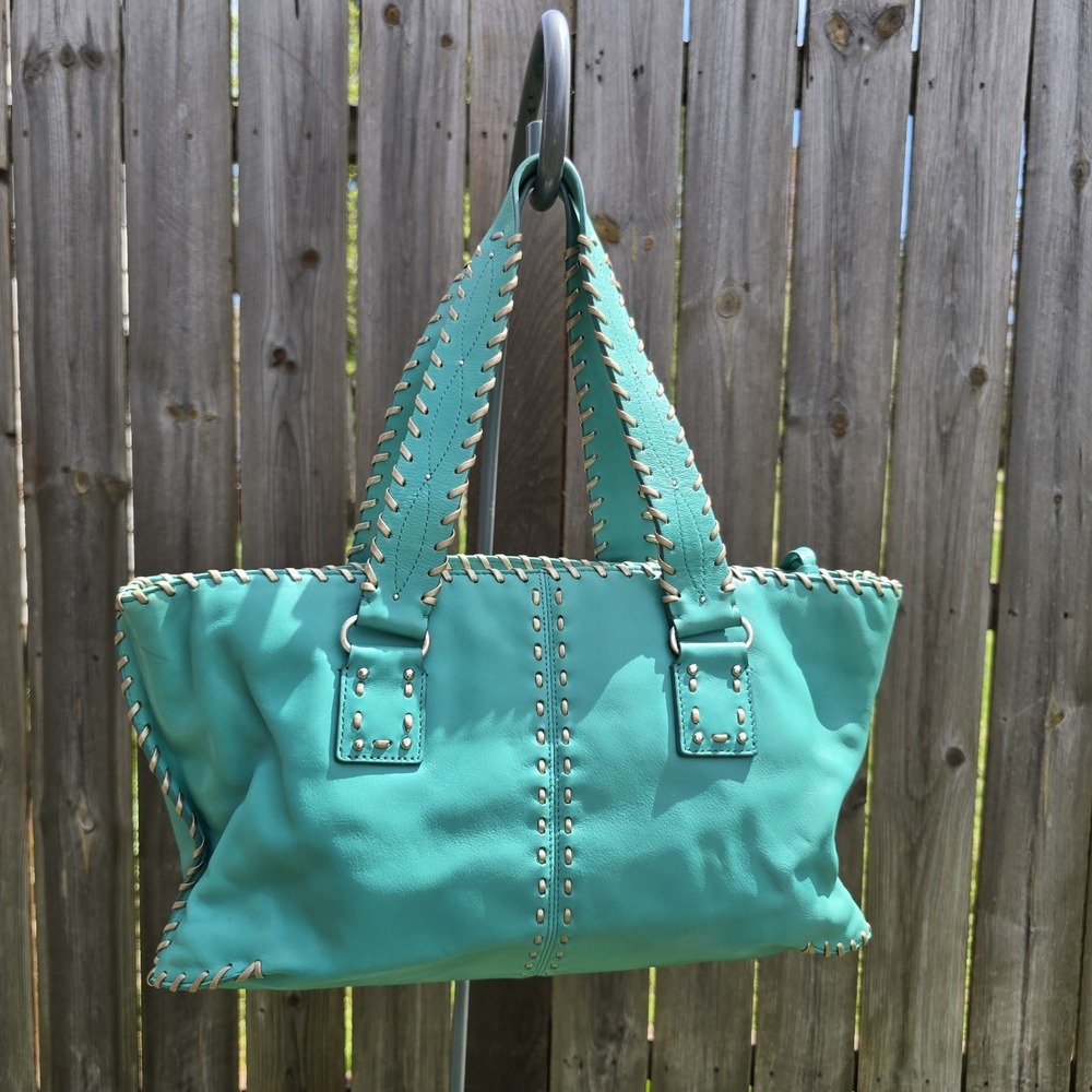 Vtg Y2k Rare Michael Kors Teal Woven Whipstitch Leather Satchel Shoulder Handbag - Picture 2 of 15